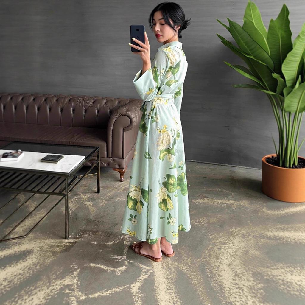 Women's long-sleeved lapel green print elegant shirt dress