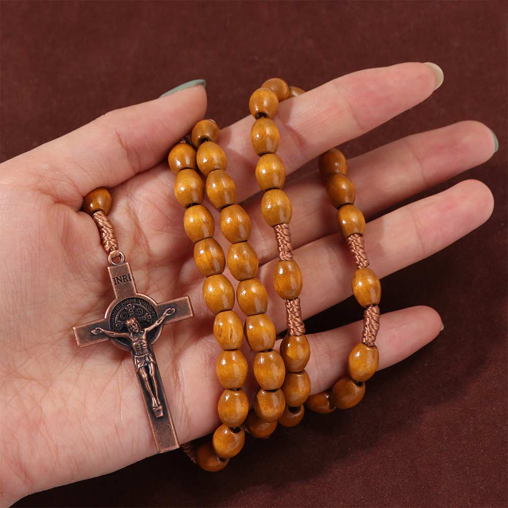 Wood Wood Beads Necklace Religious Crucifix Pendant Chain Handmade Rosary Necklace Church