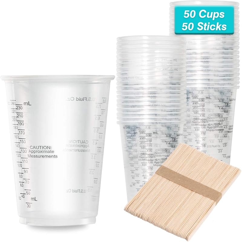 XUXU 100pcs 8oz Graduated Clear Plastic Measuring Cups with 100pcs Wooden Stirring Sticks for Mixing Paint, Pigments, Epoxy Resins, Resins 50