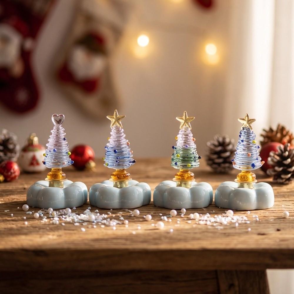 Glass Christmas Tree Figurine Ceramic Base Mini Tree Ornament Home Table Decor