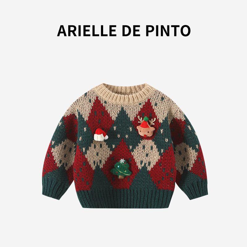 French Arielle De Pinto Girls  Thickened Sweater Winter Red Christmas Knit Base Shirt Image color 140