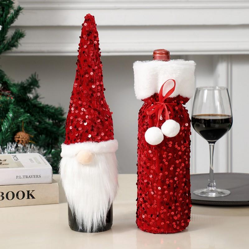 Christmas Wine Bottle Cover Decorative Sleeve With Sequins Pom Holiday Table Setting