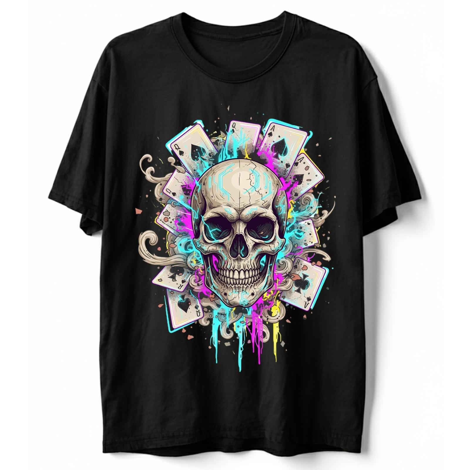 Cyberpunk Skull and Cards T-Shirt Neon Queen of Spades Poker Graphic Tee S-5XL S разноцветный