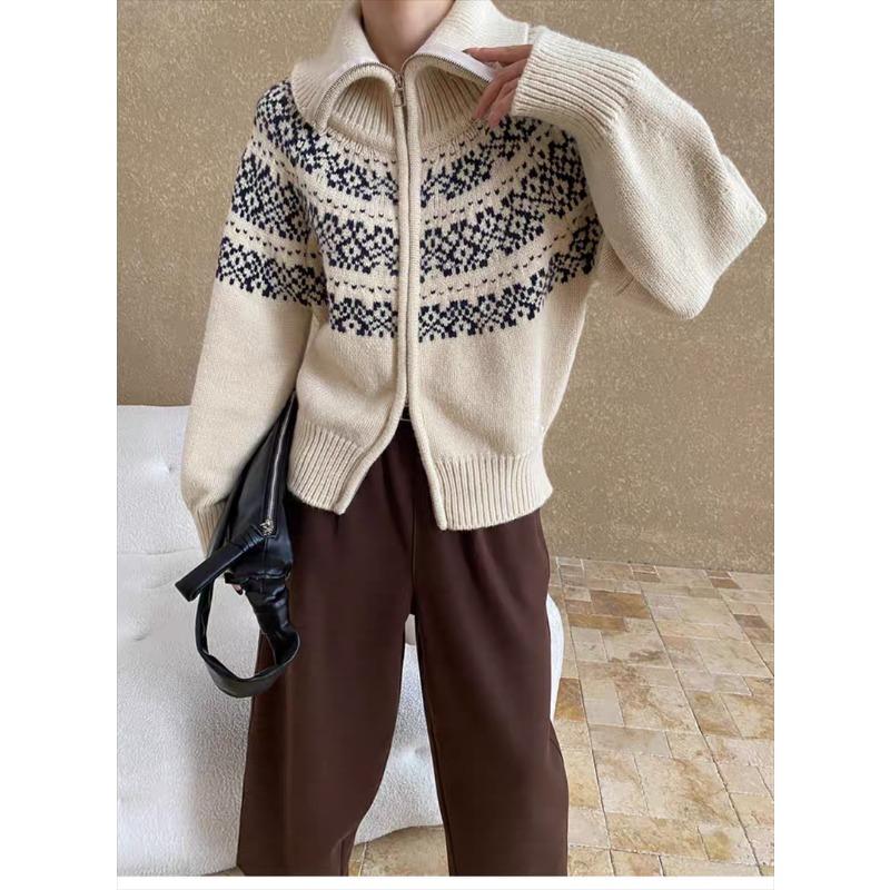 Korean Fashion Autumn Winter Zipper Cardigan Women Sweater Jacket Retro Printed Lapel Loose Knitted Coats Long Sleeve Office Fashion Elegant Clothing