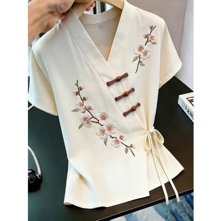 Summer V Neck Chinese Embroidery Blouse Women Oblique Frog Buttons Tie Loose Casual Shirt L бежевый