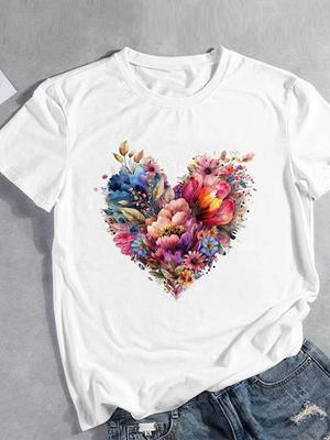 (Asian Size) Women Tee Top Flower Love Heart Style Trend Cute Clothing Casual Short Sleeve Fashion Print Lady Tshirt Female Graphic T-shirts