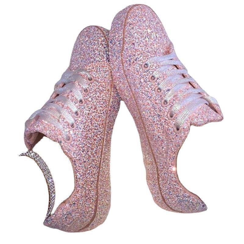 2025 Frühlings-Schnürschuhe mit Pailletten: Damen-Freizeitschuhe mit runder Zehenpartie und niedrigem Schaft