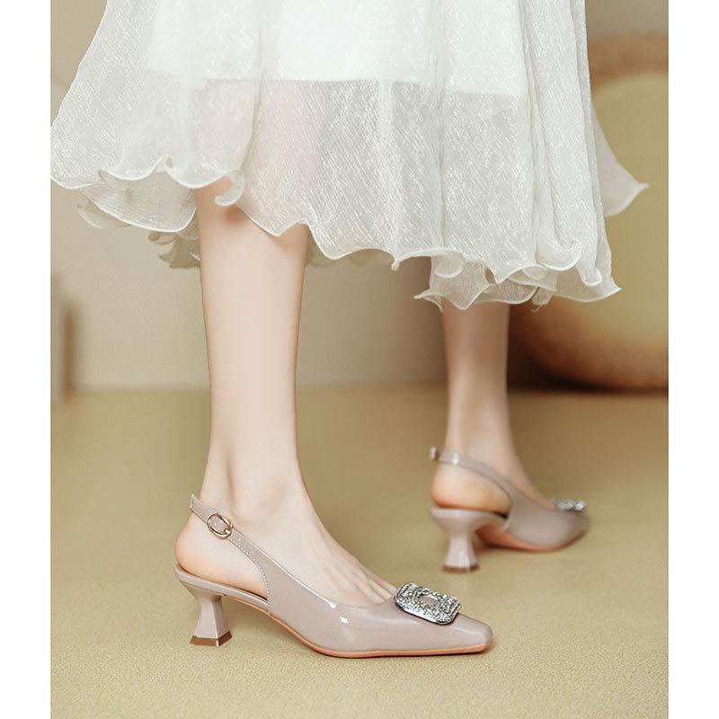 French Square Head High Heels Stiletto New Summer Empty Single Shoes Medium Heel Patent Leather Red Word with Bag Head Sandals