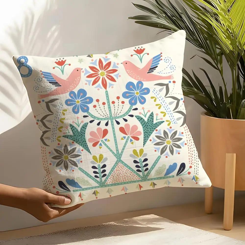 Folk Art Bird Floral Cushion Cover 2D Flat Printed Peach Skin Pillow Case For Living Room Sofa Couch Nordic Decor 45X45