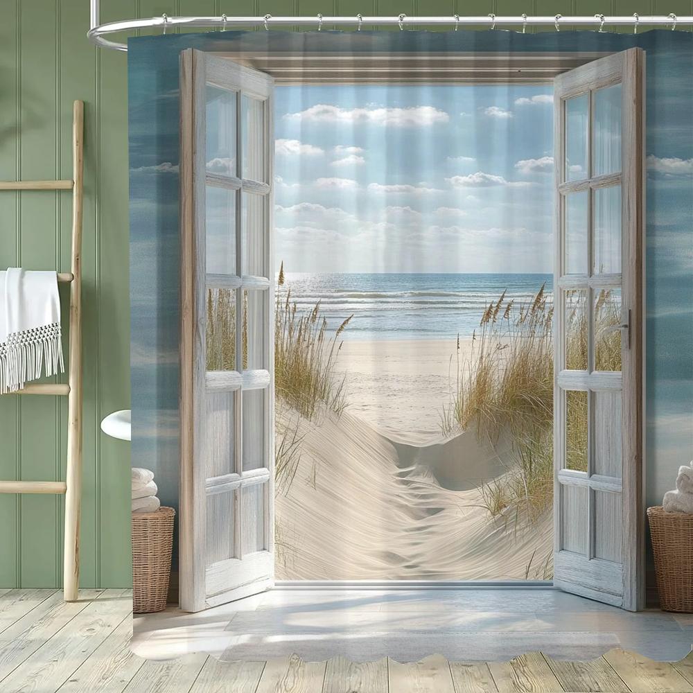 Seaside Beach Scenery Outside The Window Shower Curtain, Bathroom Decorative Curtain With Hooks,Home Decoration Curtain