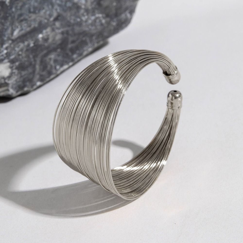 White Silver Pearl Bracelet Wire Drawing Exaggerated Bracelet Fashion Silver Metal Bracelet  Women