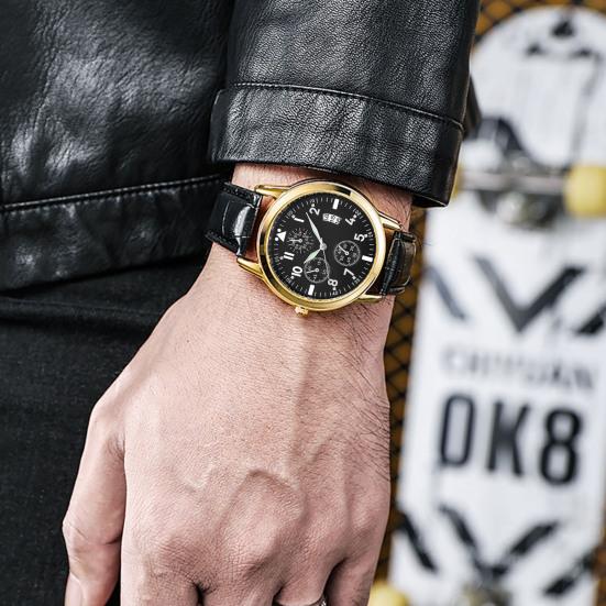 Men Luminous Watch with Faux Leather Strap Round Dial Calendar Casual Formal Watch Accurate Quartz Analog Wristwatch Birthday Gift
