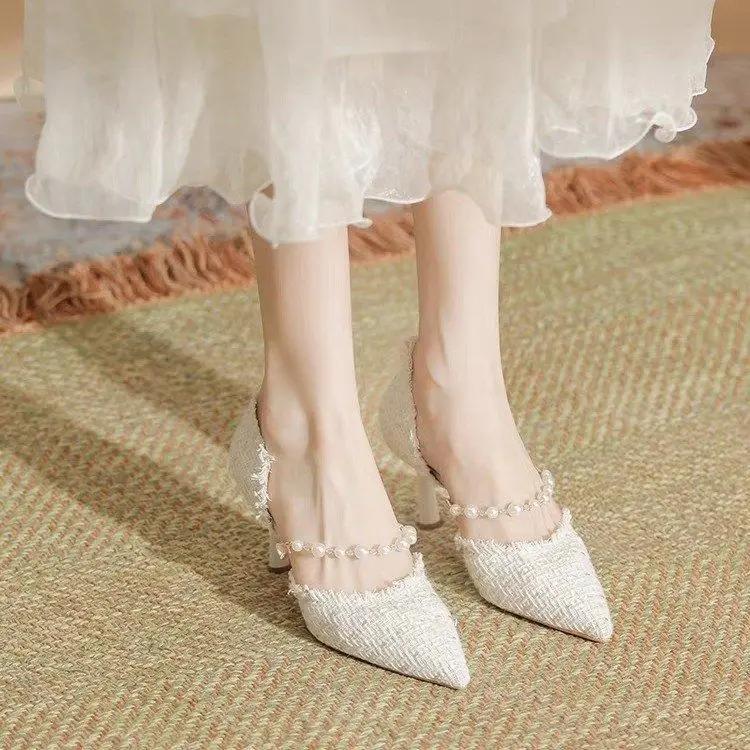 Fashion With Medium Heels Ladies Pumps Pointed Toe Stilito Pearl Women's Shoes Fashion Elegant Dress Vacation Non Slip Young Chic Point