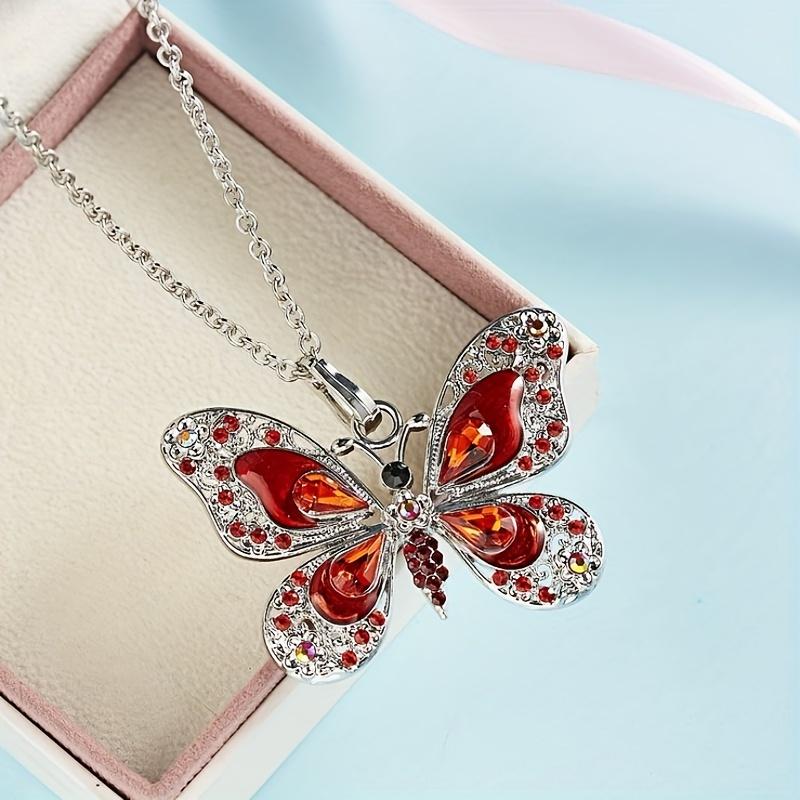 Retro Multicolor Rhinestones Butterfly Pendant Necklace Silver Plated Jewelry