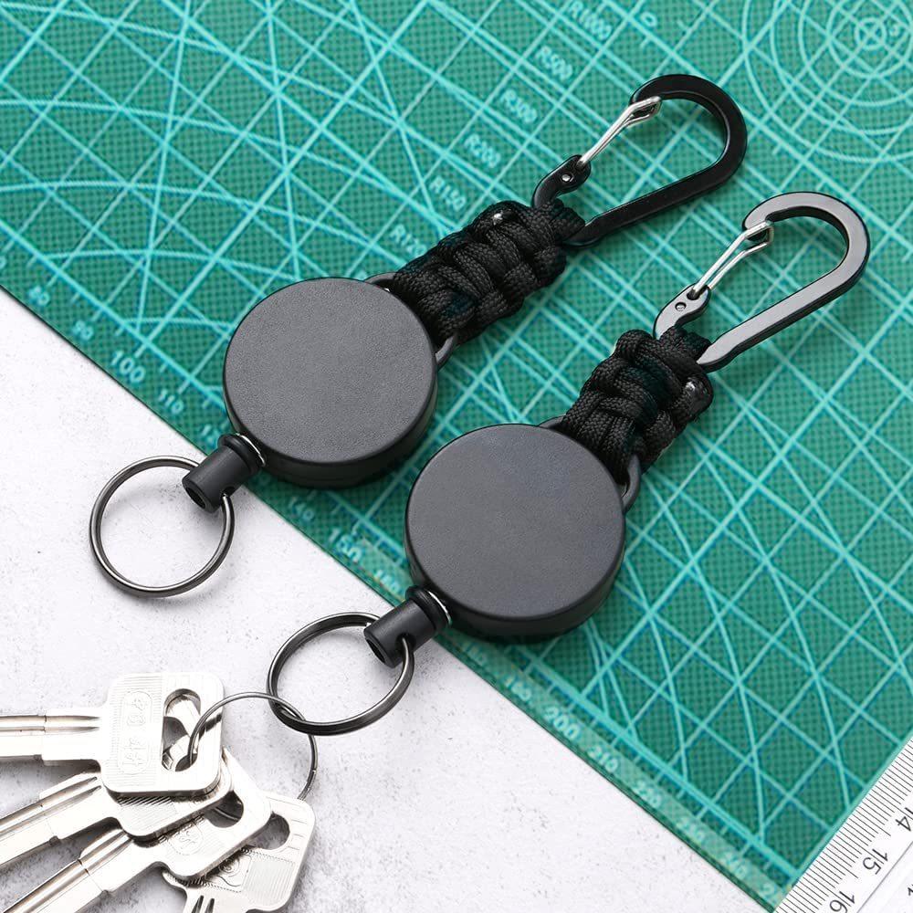 4CM Black Plastic Carabiner Paracord Retractable Keychain with High Elastic Easy-Pull Buckle