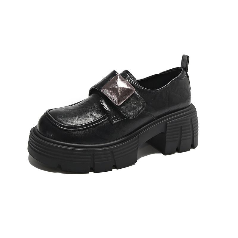 

Коричневые лоферы ретро на липучке женские 2025 весна новая платформа универсальный британский стиль толстый каблук маленькие кожаные туфли одинарные 37 чёрный