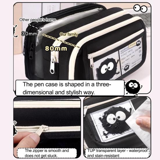 Süßes Federmäppchen Schwarze Katze Motiv Federtasche mit Schlüsselanhänger und Stickern Transparent Große Kapazität Schreibwaren-Organizer für Schüler & Bürogebrauch