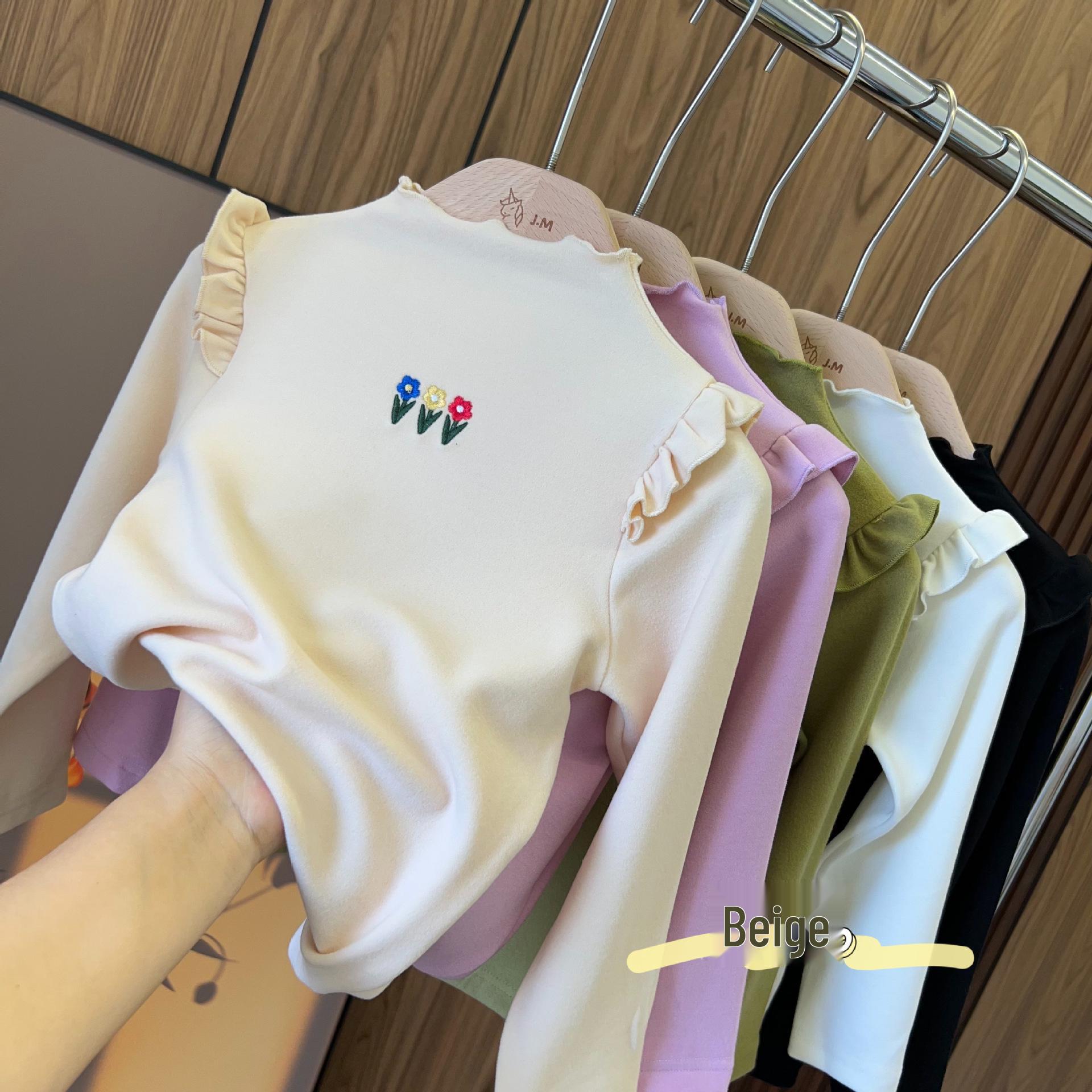 

Универсальный топ с длинным рукавом и вышивкой в виде цветов для девочек, воротник-стойка, осень 2025 100cm бежевый