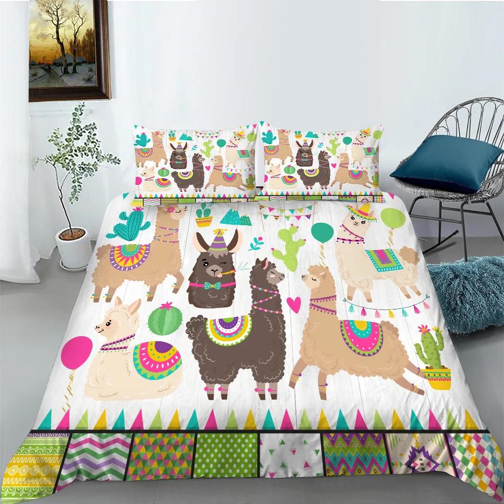 Cartoon Alpaca Duvet Cover King Queen Size Lovely White Animal Bedding Set for Kids Tropical Cactus 2/3pcs Polyester Quilt Cover