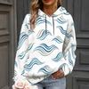 Women Plus Size Wave Printed White Long Sleeve Drawstring Hoodie Pullover With Kangaroo Pocket