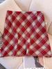 Plus Size Retro Red Plaid Woolen High Waist Slimming Mid-Length Skirt for Autumn/Winter.