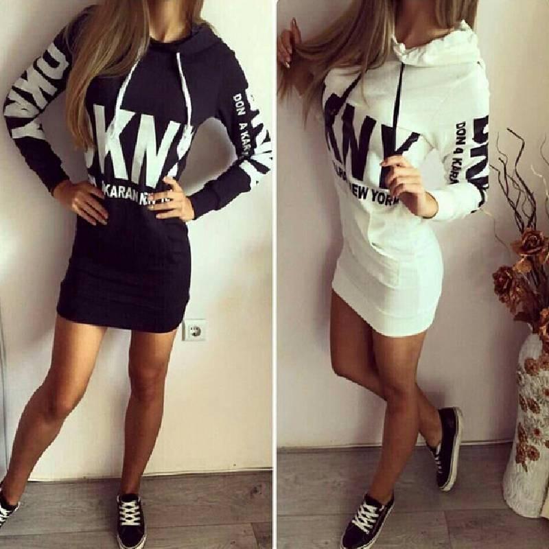 Womens Hoodie Dress With Letter Print Polyester Fabric For Street Style Fall Fashion
