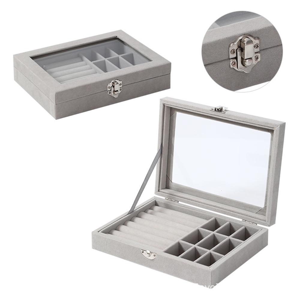 Portable Pink Carrying Case with Glass Cover Jewelry Ring Display Box Tray Holder Storage Box Organizer Earrings Ring Bracelet