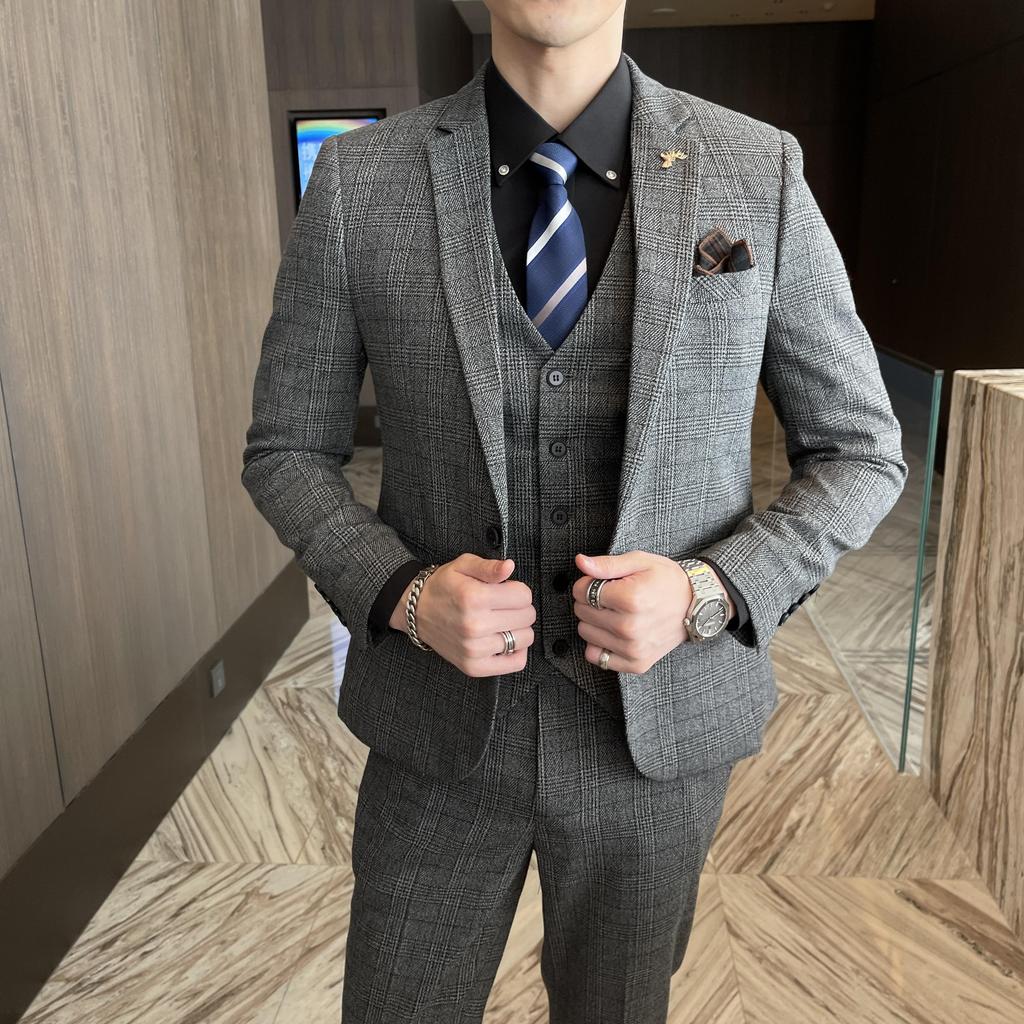 Britischer Koreanischer Stil Hochwertiger Modifizierter Karodrei-Teiler für Herren - Stilvolles Business Casual Anzugweste und Hosen Set