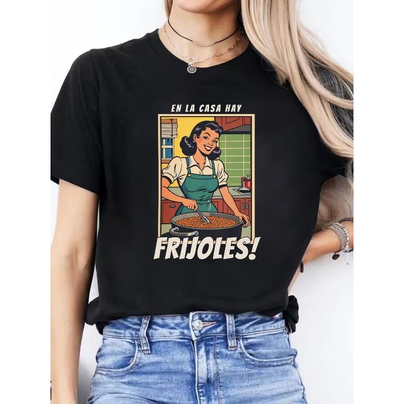 

Women S Casual Spanish Letter Print T-Shirt - Round Neck, Short Sleeve, Spring/Summer Top with En la Casa Hay Frisoles! Design, Light Pink 4XL чорний