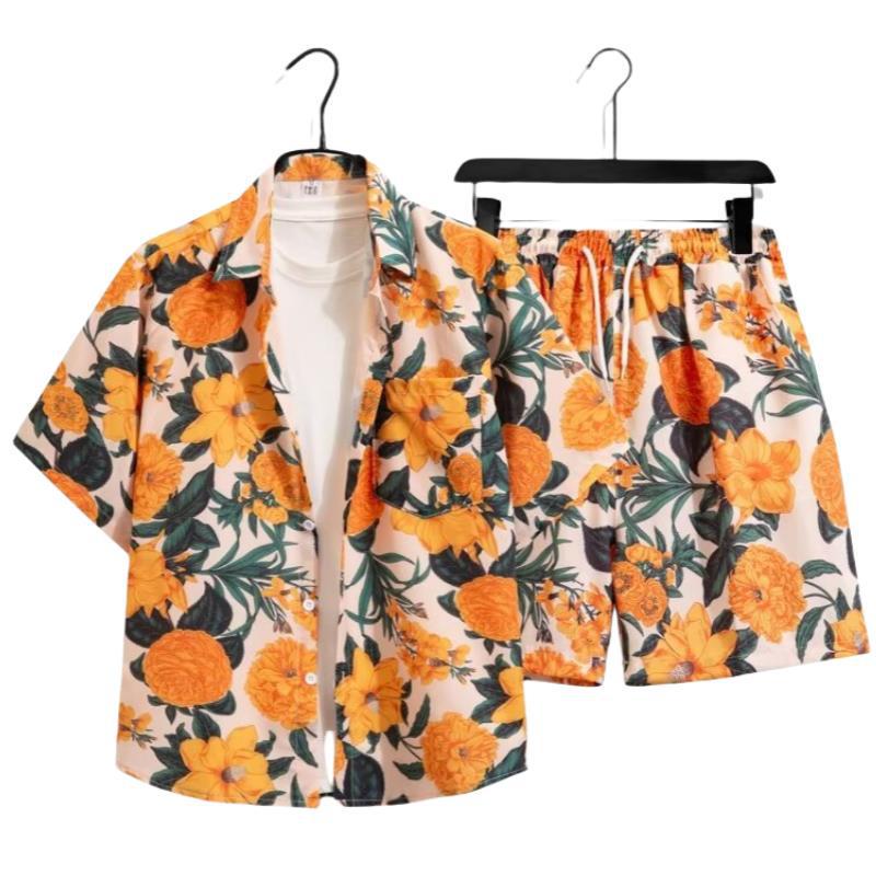 Unisex Summer Ice Silk Quick-Dry Hawaiian Shirt & Shorts Set