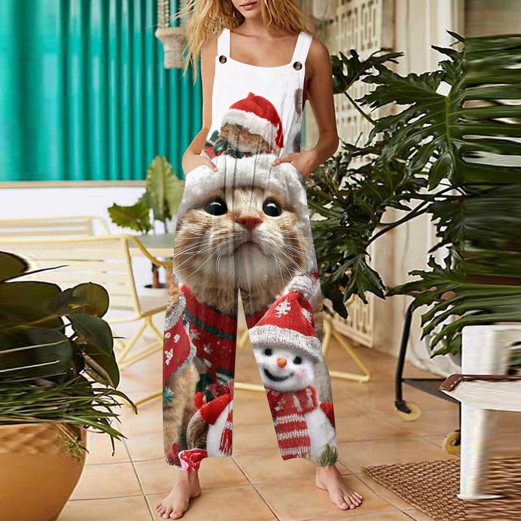 Women's Casual Christmas Printed Jumpsuit Sleeveless Printed Cotton Jumpsuit