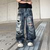 Mens Distressed Wide-Leg Denim Pants Loose Fit Streetwear Cargo Style Casual Jeans