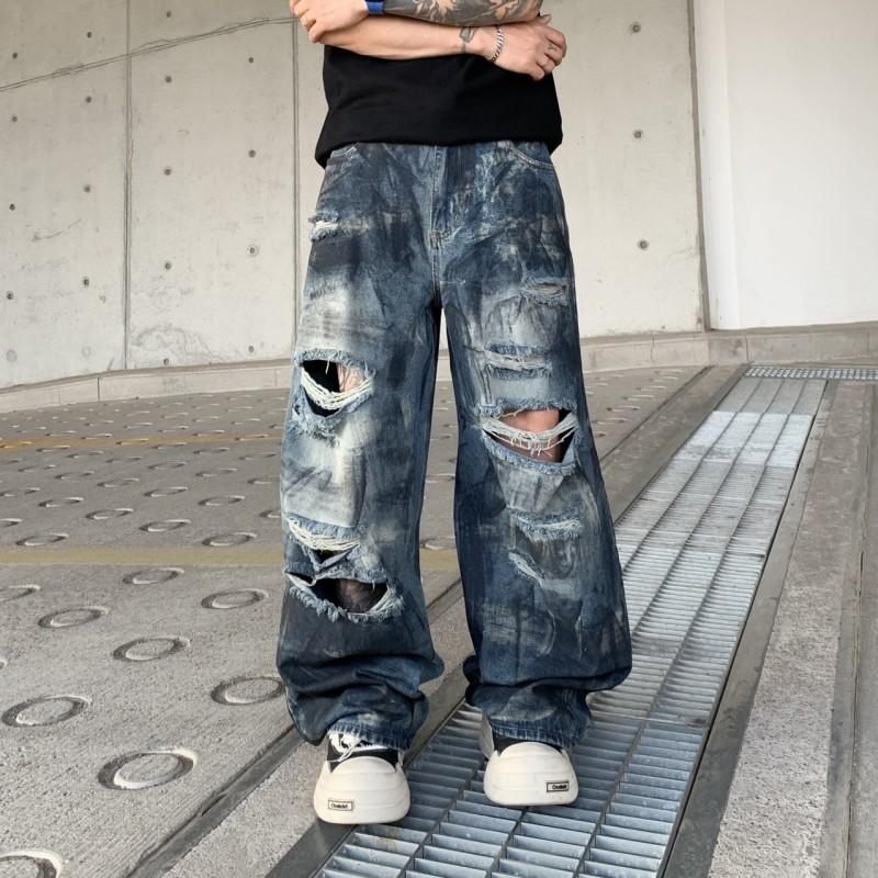 Mens Distressed Wide-Leg Denim Pants Loose Fit Streetwear Cargo Style Casual Jeans