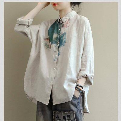 Spring Autumn Cotton Linen Vintage Printing Shirt Women Long Sleeve Loose Casual Blouse Female All-match Button Top