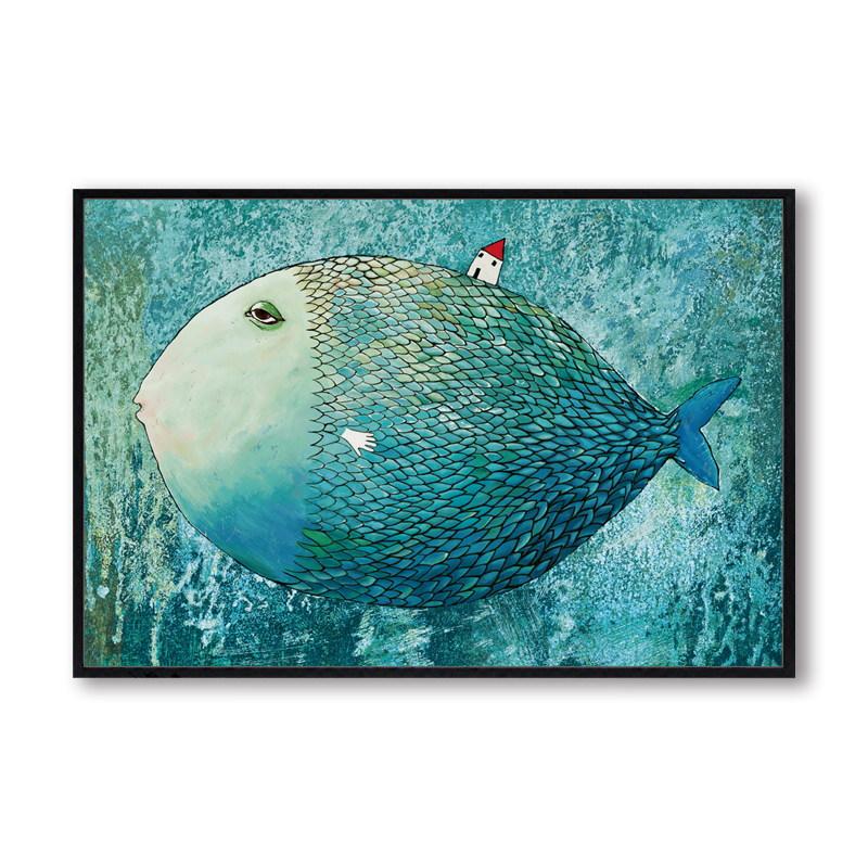 Elegant Poetry Modern Cartoon Nordic Big Fish Small House Canvas Painting Art Print Poster Picture Home Decoration Wall Decor