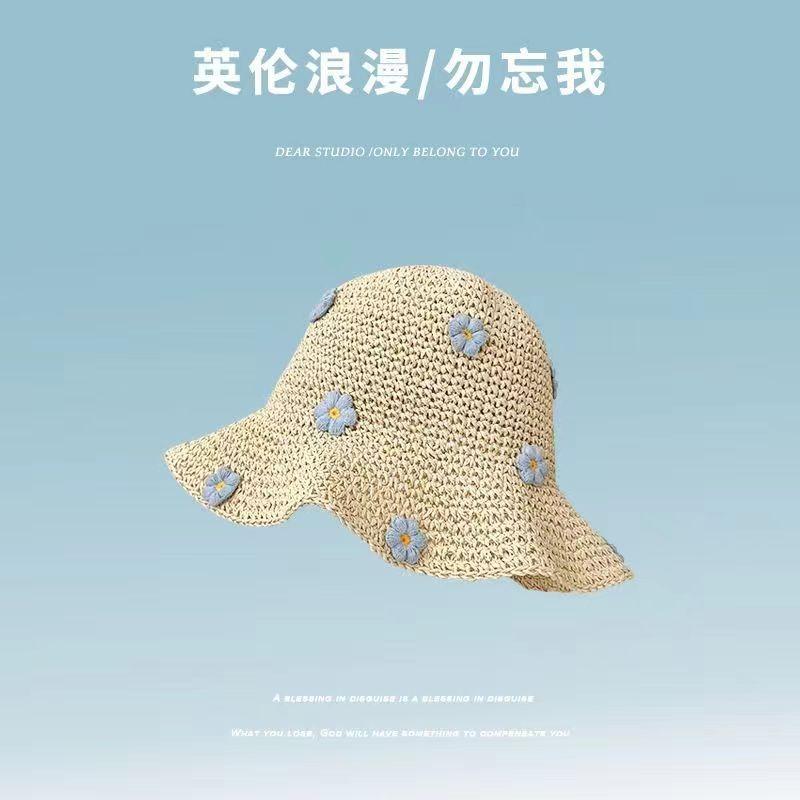 Sweet and Cute Blue Flower Straw Hat Female Big Eaves Seaside Sunshade Summer Beach Sunscreen Small Fresh Bucket Hat Tide
