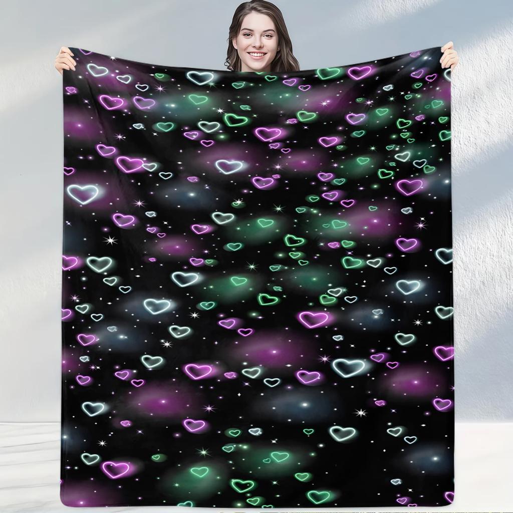 Black Colorful Heart Vortex Blanket Vibrant Glowing Throw for Rooms with Swirling Multicolor Heart Patterns Suiting Lively