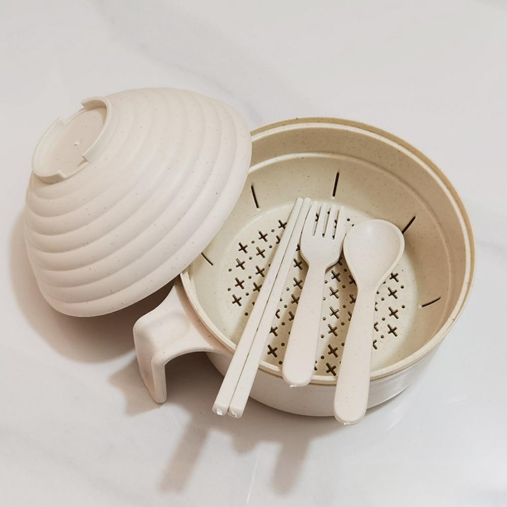 Snabbnudelskålset 5 st Vetehalm Servisset med lock Skål Sked Gaffel Ätpinnar Bärbara Stor Kapacitet Ramen Skålar