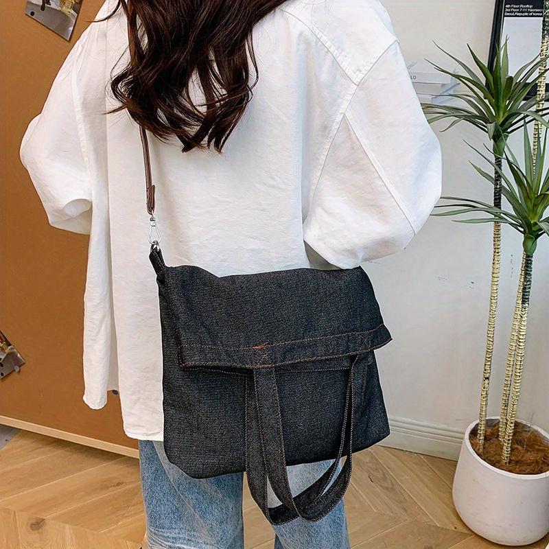 Сумка-тоут из денима с вышитыми буквами, повседневная сумка через плечо для женщин, сумка на плечо для учебы, работы, поездок на работу и повседневного использования чёрный