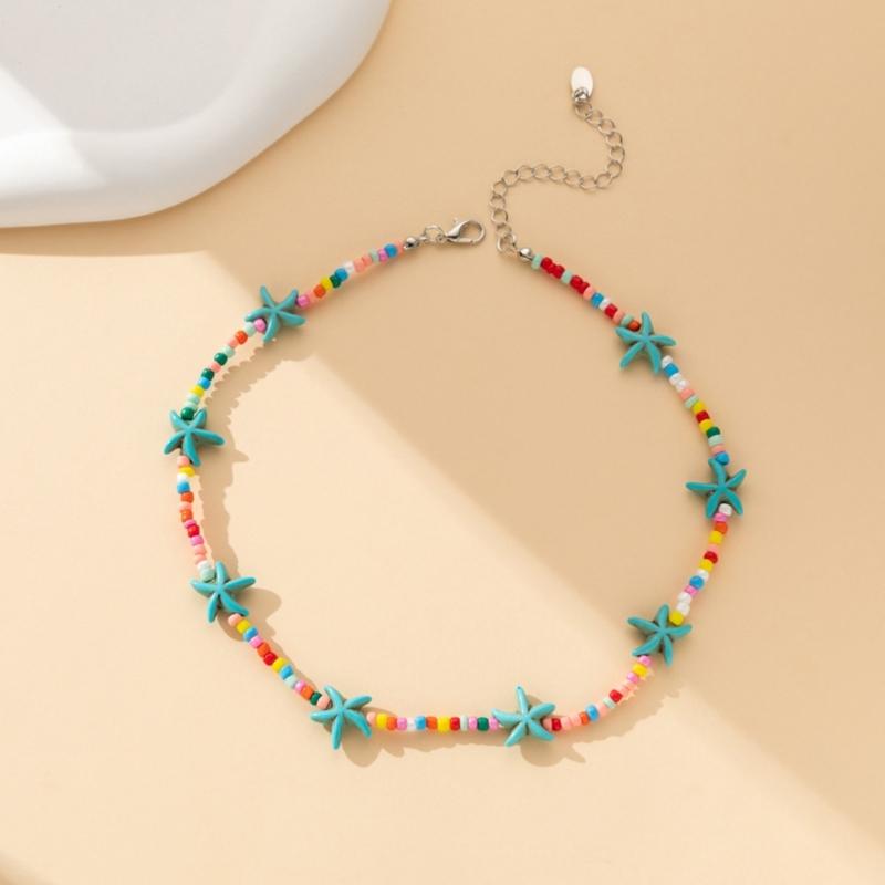 Elegant Turquoise Starfish Charm Necklace Adjustable Length Neckchain Fashionable Clavicle Chain Accessory for Ladies