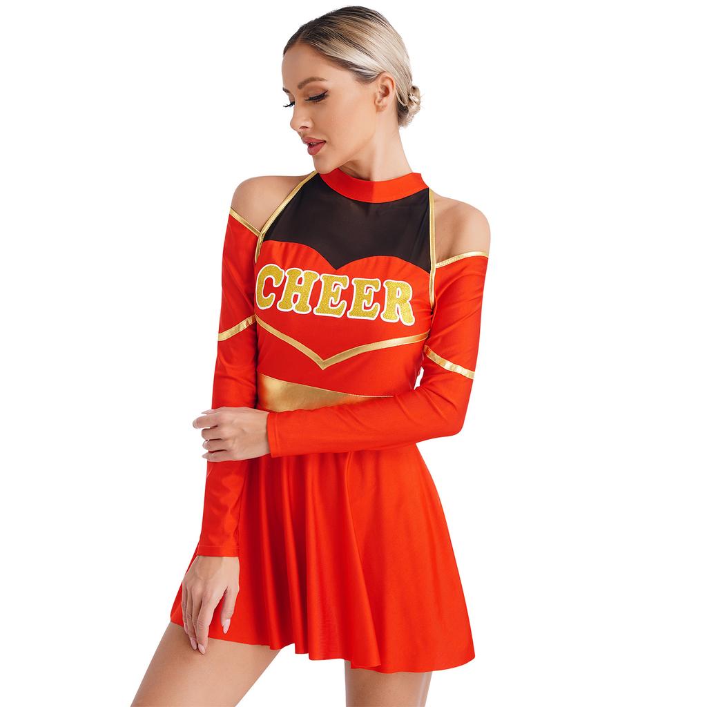 Women Long Sleeve Cold Shoulders Letter Print Dress Cheerleading Costume Uniform Outfit