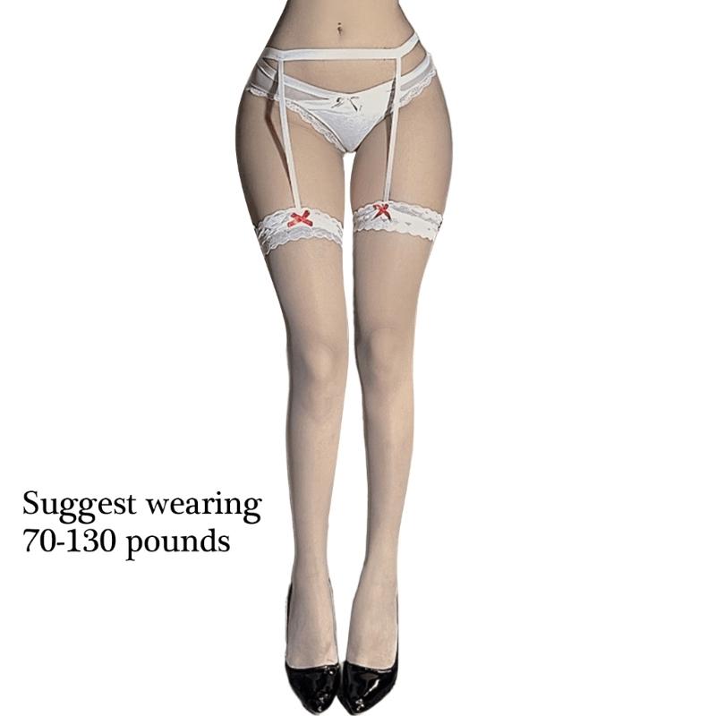Womens See Through Thigh High Stockings with Garter Belt Cute Bowknot Sheer Silk Pantyhose Suspender Tights Lingerie