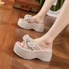 Thick-soled Bow-tie One-word Slippers Women's 2025 Summer New Fashion Heightening Shoes, Wear Non-slip Rhinestone Cold Slippers