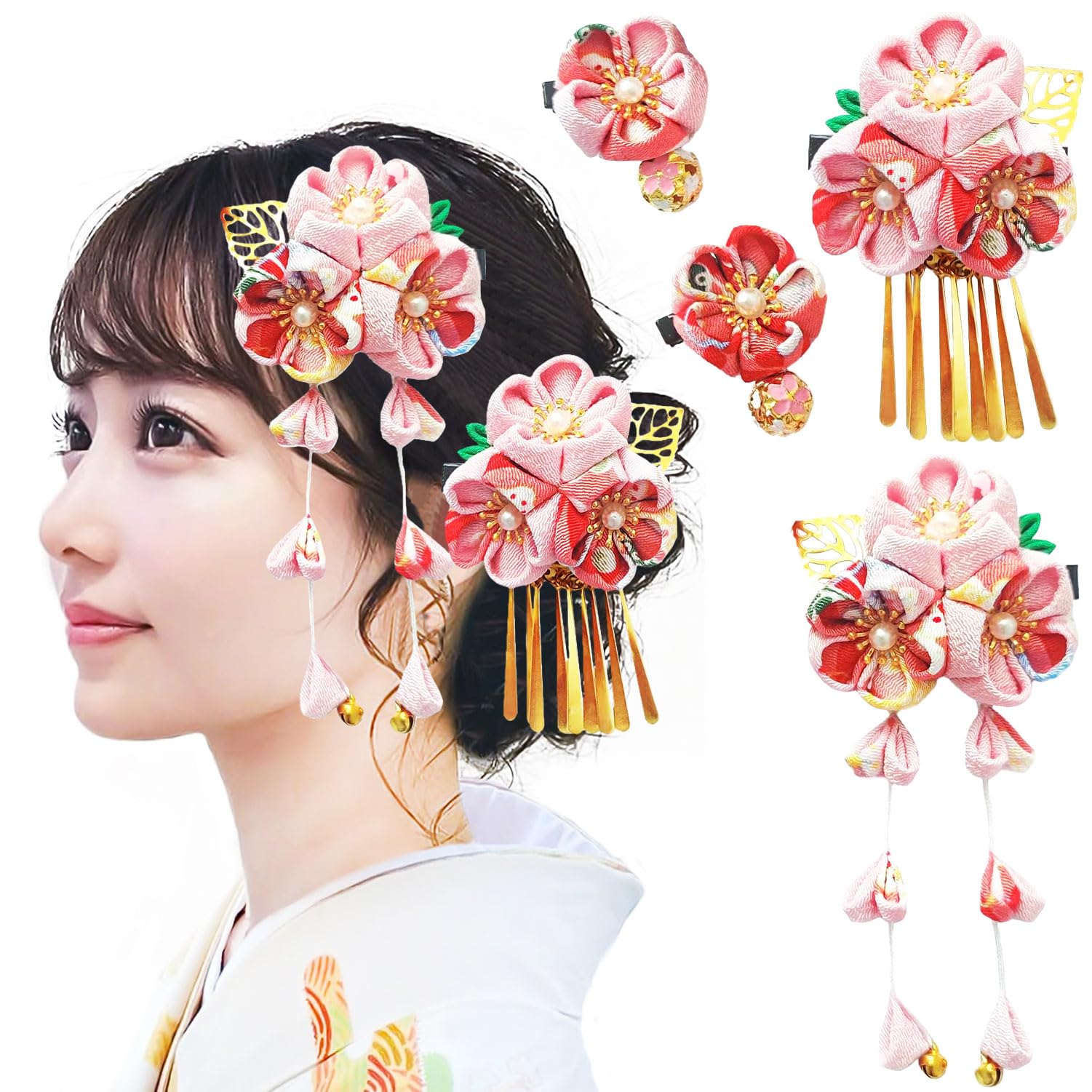 

Four-piece hair accessory set for women, perfect for coming-of-age ceremonies, Shichi-Go-San celebrations, yukata, hakama, kimono, furisode,