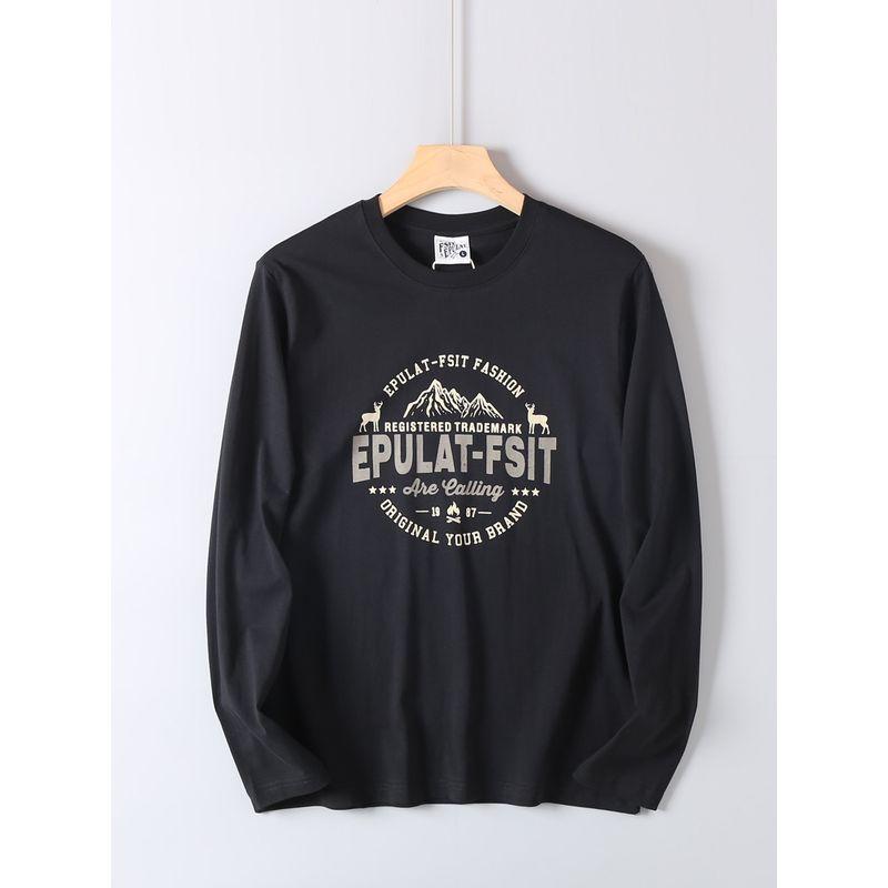 Vintage Printed Cotton Long-Sleeve T-Shirt for Men, Spring and Autumn Versatile Fashion Trendy Round-Neck Base Shirt