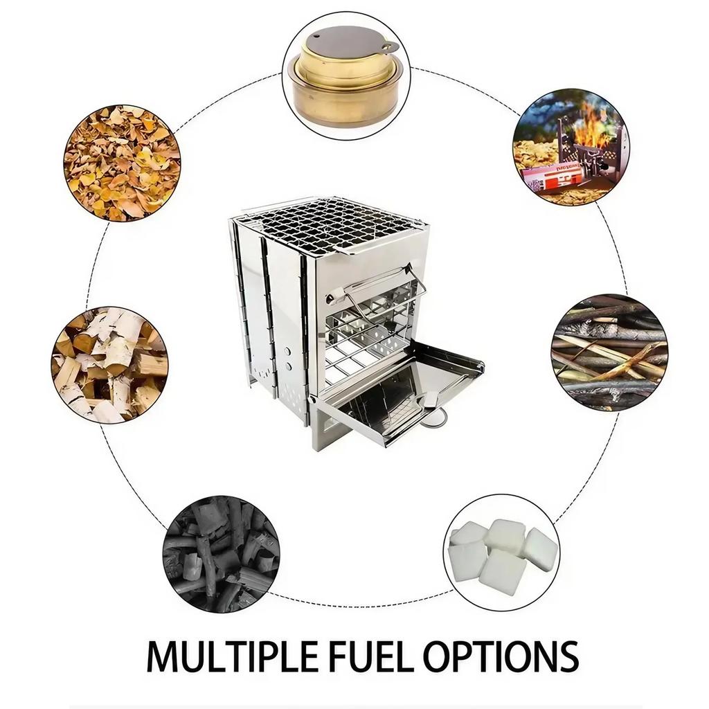 Portable Folding Stainless Steel Charcoal Stove Lightweight Wood Burning Camp BBQ Grill For Outdoor Cooking
