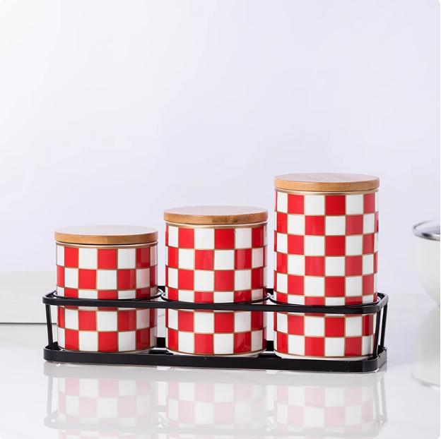 Kitchen Organizer and Storage Container, Ceramic Storage Jar, Wooden Lid, Sealed Jar, Food Storage Containers, Metal Rack