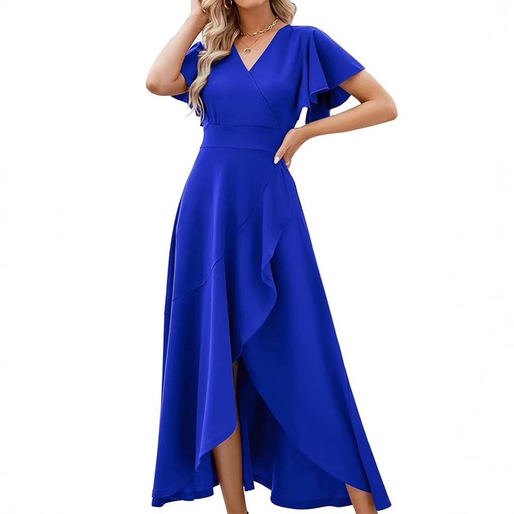 Women's lotus leaf sleeve V-neck temperament elegant evening dress European and American spring and summer waist dress