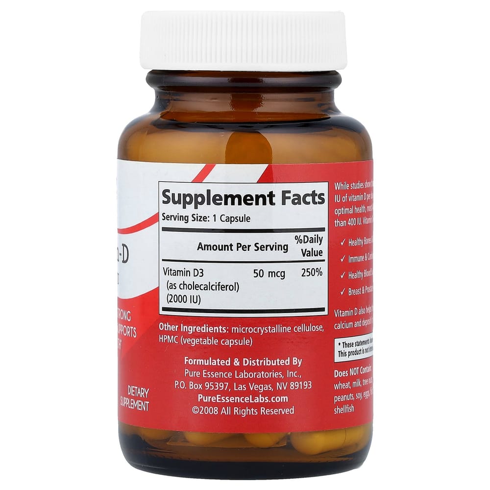 Pure Essence Vitamin D 2000IU Veggie Capsules, 30 Count