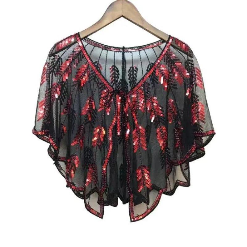 Retro Beaded Sequin Shawl Vintage Flapper Evening Cape Sheer Mesh Embroidery Leaf Women Bolero Party Accessories